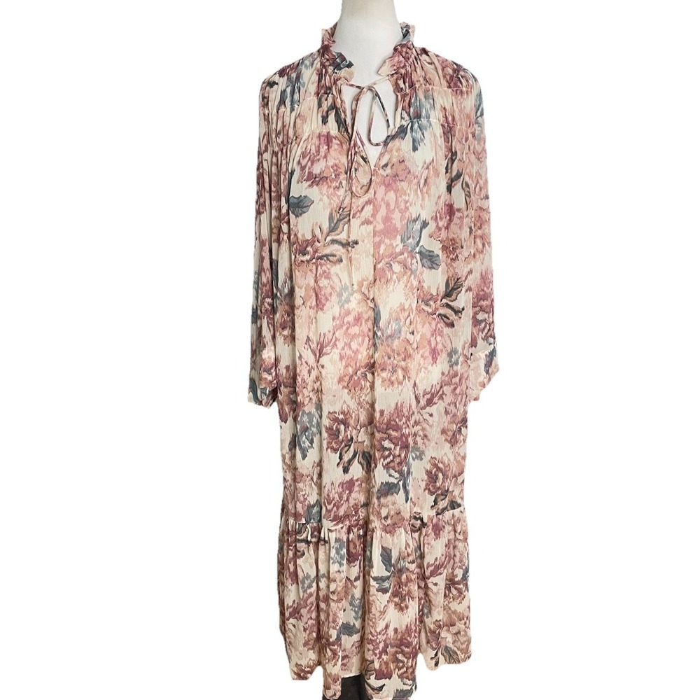 H&M Sheer Floral Long Sleeve Maxi Dress Ruffled Cottagecore Fairy Boho M - Picture 2 of 4